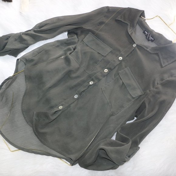 "About a Girl" Sheer Olive Green Button-Down Shirt - Size Small - Picture 1 of 11